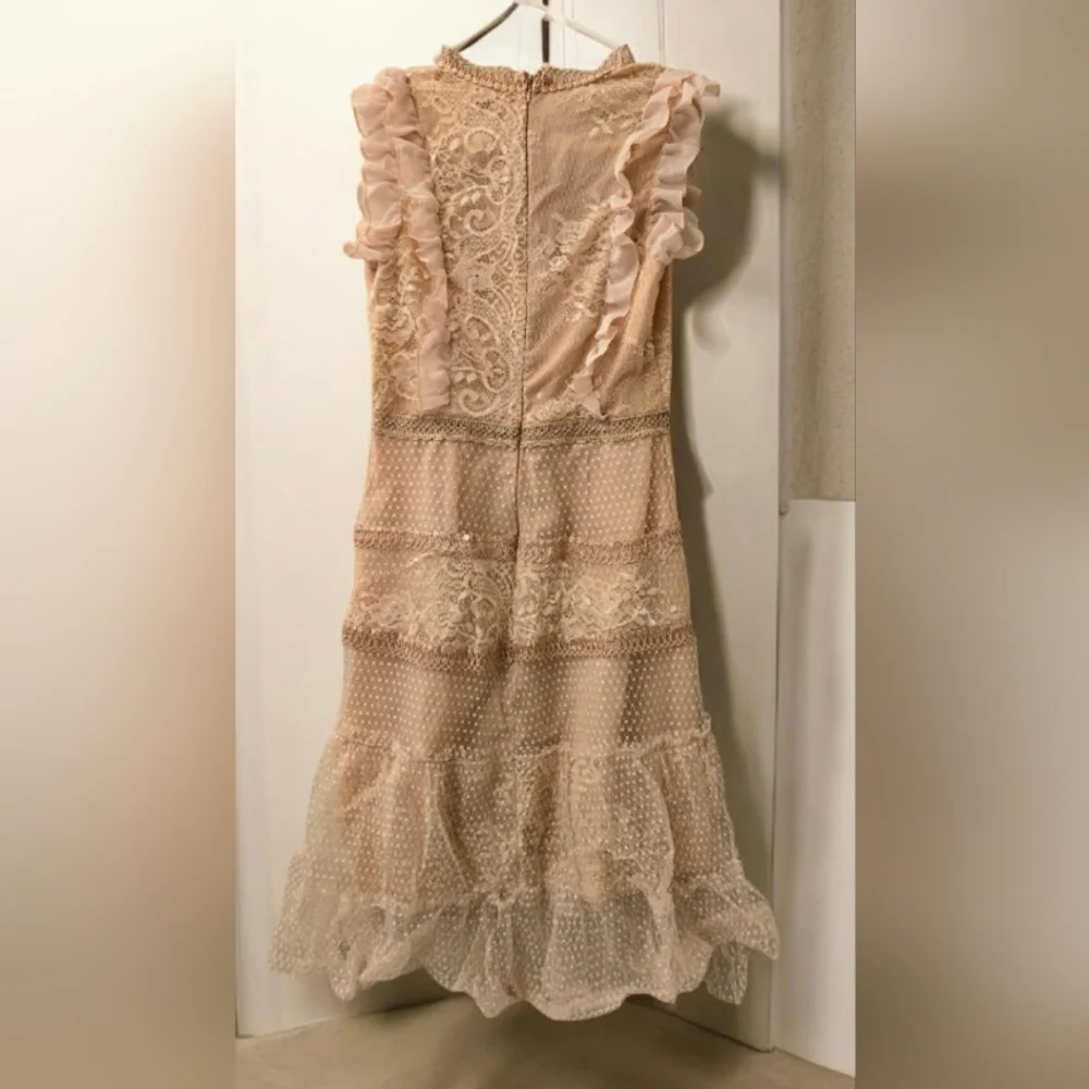 Nude Lace Tiered Ruffle Dress Romantic Cottagecore Style - Picture 7 of 7